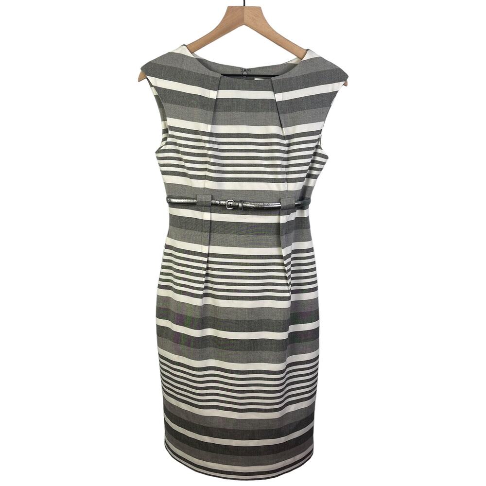 Calvin Klein Gray and White Striped Midi Sheath Dress - Picture 2 of 11